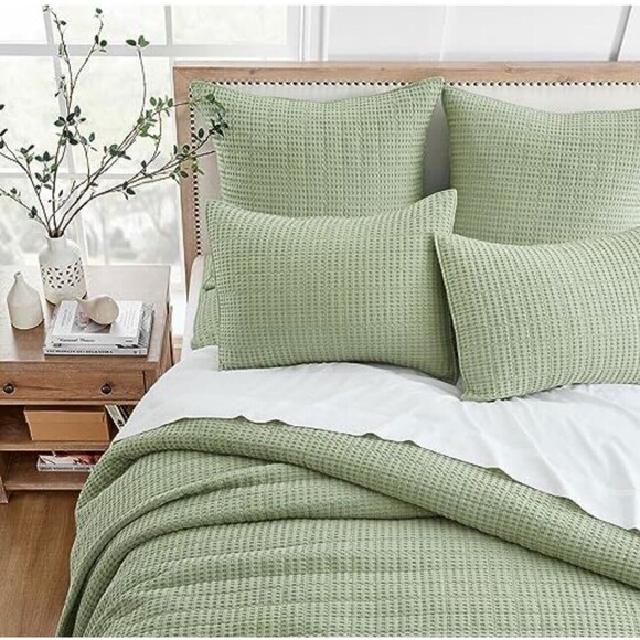 Levtex Home Mills Waffle King Bedspread & 2 Shams Desert Sage Cotton Green New - Picture 4 of 4